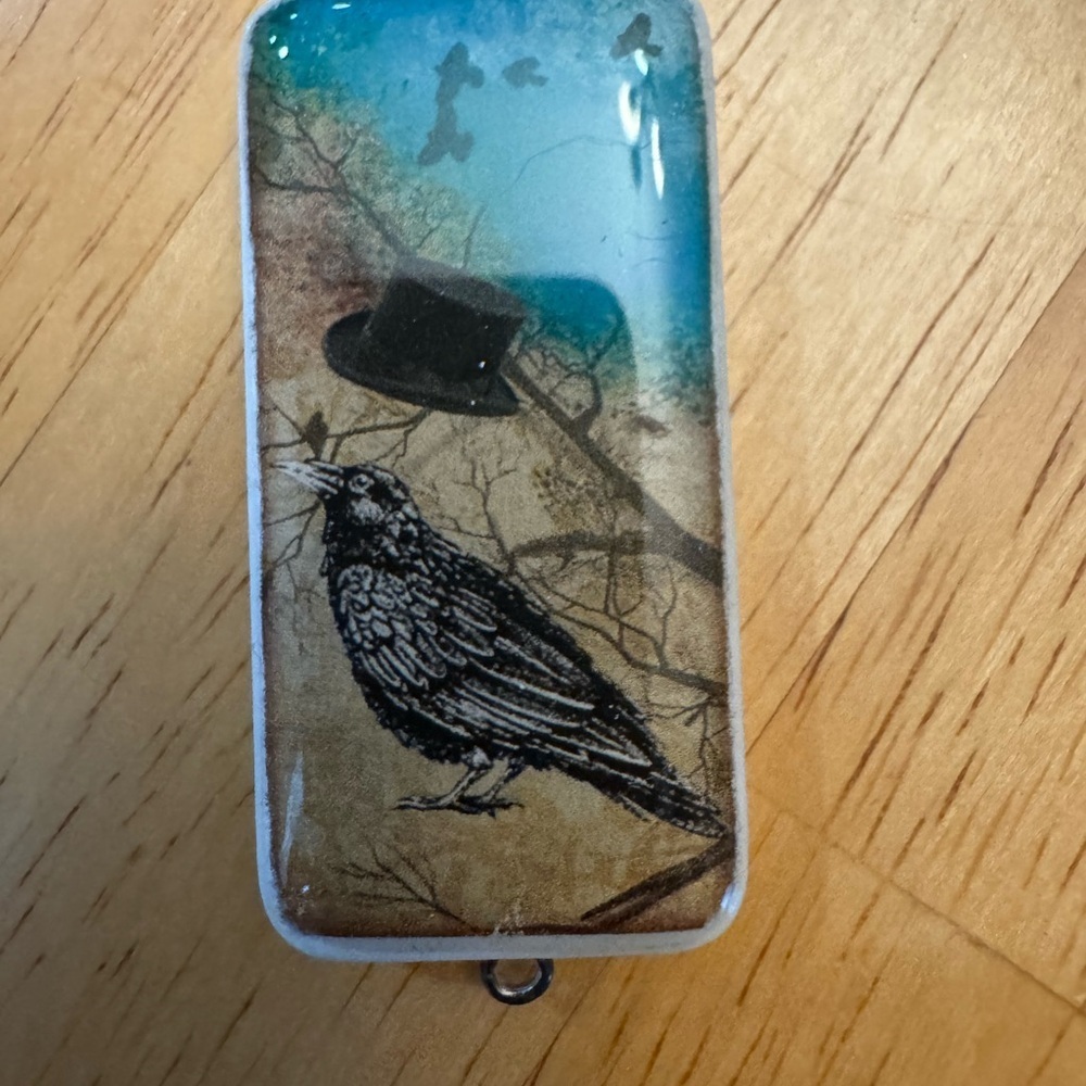 Handmade, Raven, domino Pendant with Blue and Brown Design